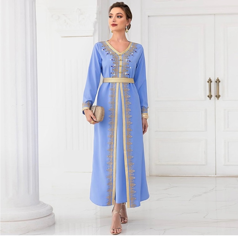 Muslim Abaya Blue and Gold Embellished Dress